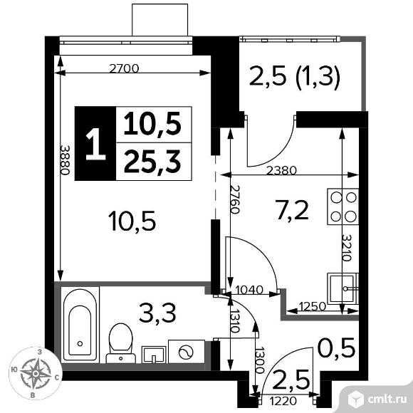 1-комнатная квартира 25,2 кв.м - ЖК «1-й Лермонтовский». Фото 1.