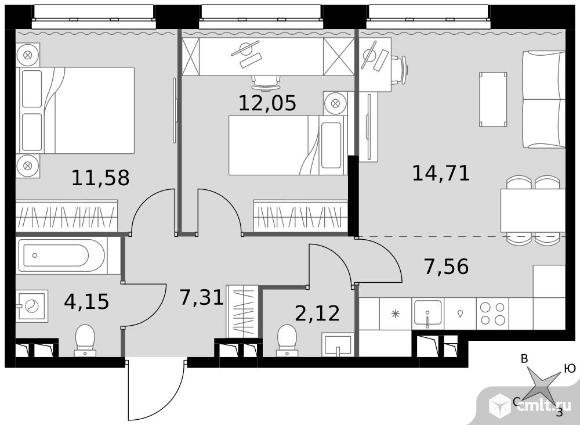 3-комнатная квартира 59,48 кв.м - ЖК "Движение. Говорово". Фото 1.