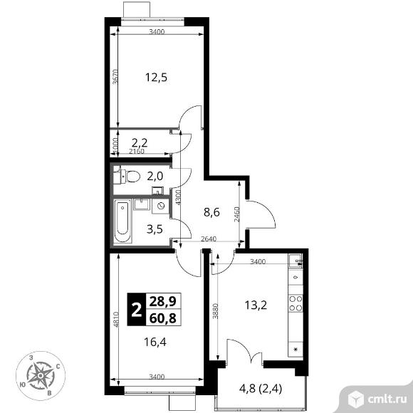 2-комнатная квартира 60,8 кв.м. Фото 1.