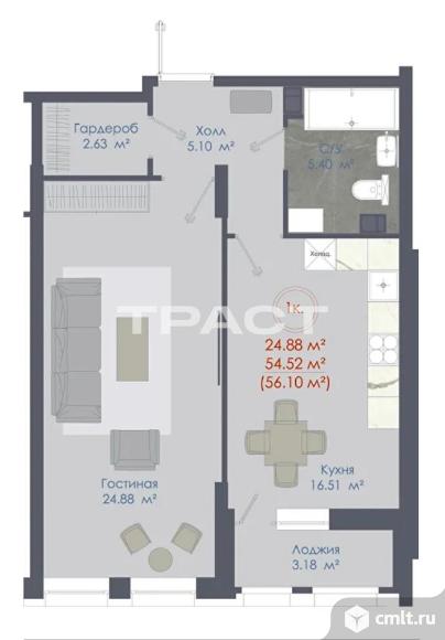 1-комнатная квартира 54,9 кв.м. Фото 1.