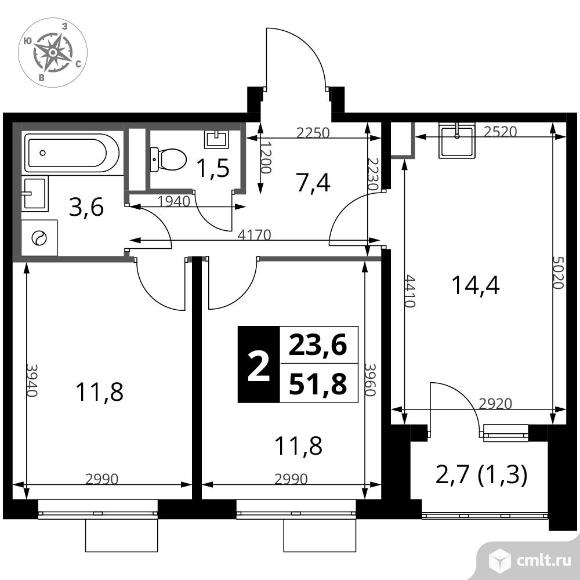 2-комнатная квартира 51,8 кв.м - ЖК "1-й Донской". Фото 1.