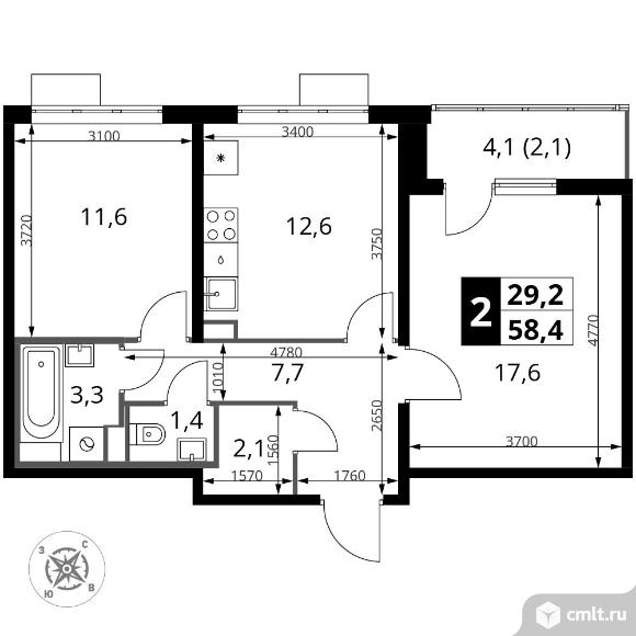 2-комнатная квартира 58,4 кв.м - Южная Битца. Фото 1.