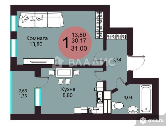 1-комнатная квартира 31,5 кв.м. Фото 1.