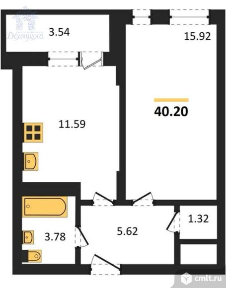 1-комнатная квартира 40,2 кв.м. Фото 1.