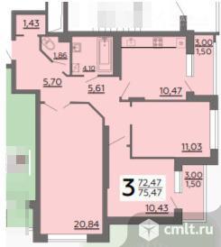 3-комнатная квартира 72,4 кв.м. Фото 1.