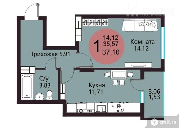 1-комнатная квартира 37,1 кв.м. Фото 1.