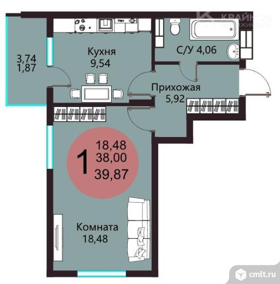 1-комнатная квартира 37,3 кв.м. Фото 16.
