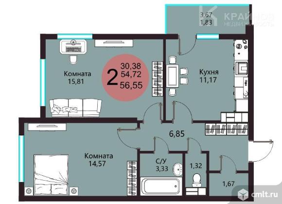 2-комнатная квартира 56,55 кв.м. Фото 1.