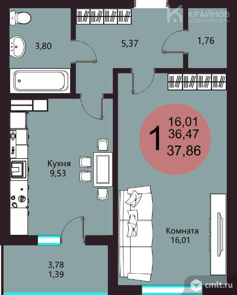 1-комнатная квартира 37,86 кв.м. Фото 9.