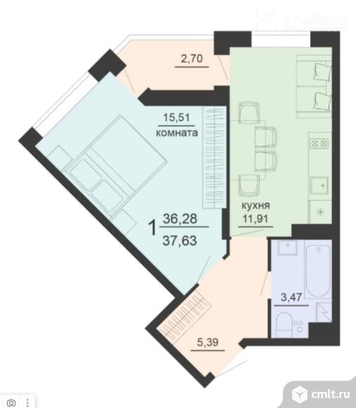 1-комнатная квартира 37,3 кв.м. Фото 1.