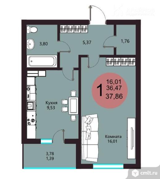 1-комнатная квартира 37,86 кв.м. Фото 14.