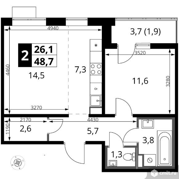 2-комнатная квартира 48,7 кв.м - ЖК "1-й Южный". Фото 1.