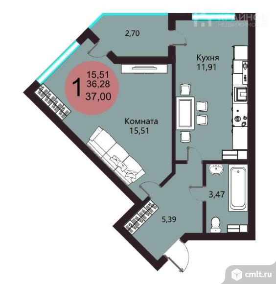 1-комнатная квартира 39 кв.м. Фото 1.