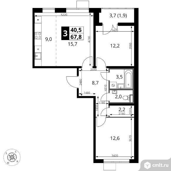 3-комнатная квартира 67,7 кв.м - ЖК "1-й Шереметьевский". Фото 1.