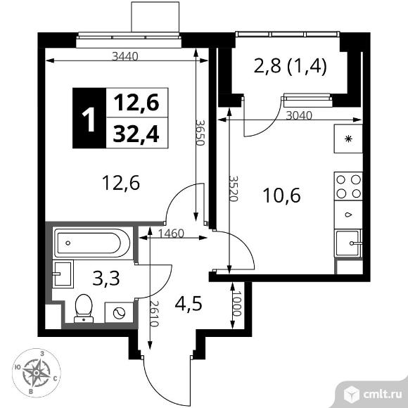 1-комнатная квартира 32,4 кв.м. Фото 1.
