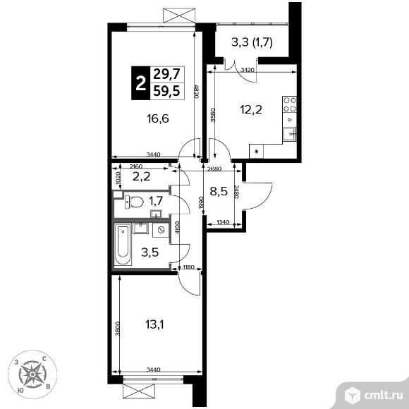 2-комнатная квартира 59,4 кв.м - ЖК «1-й Ленинградский». Фото 1.