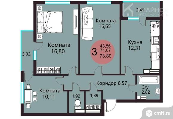 3-комнатная квартира 73,8 кв.м. Фото 1.