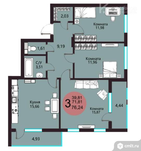 3-комнатная квартира 76,24 кв.м. Фото 7.