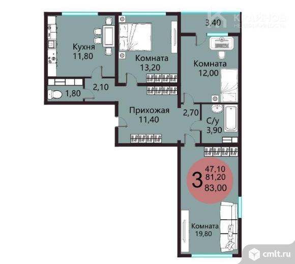 3-комнатная квартира 83 кв.м. Фото 1.