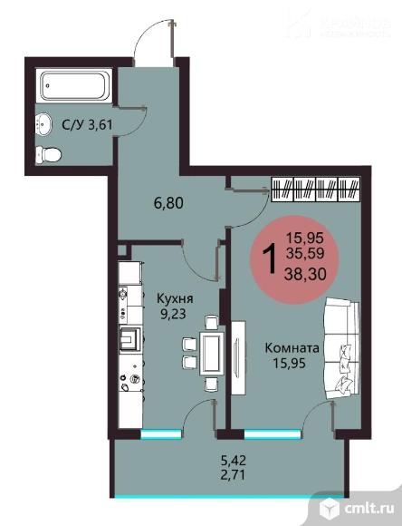 1-комнатная квартира 38,3 кв.м. Фото 12.