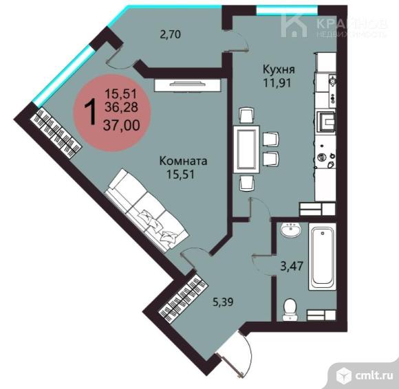 1-комнатная квартира 37,63 кв.м. Фото 9.