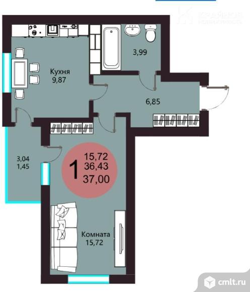 1-комнатная квартира 37,95 кв.м. Фото 14.
