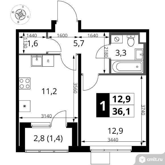 1-комнатная квартира 36,1 кв.м - ЖК "1-й Ясеневский". Фото 1.