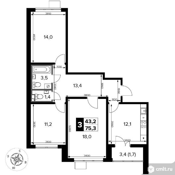 3-комнатная квартира 75,3 кв.м - ЖК "1-й Донской". Фото 1.
