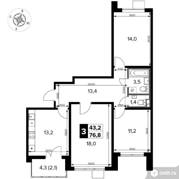3-комнатная квартира 76,8 кв.м - ЖК "1-й Донской". Фото 1.