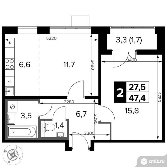 2-комнатная квартира 47,4 кв.м - ЖК "1-й Донской". Фото 1.