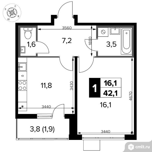 1-комнатная квартира 42,1 кв.м - ЖК "1-й Донской". Фото 1.