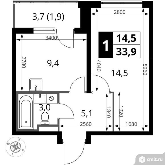 1-комнатная квартира 33,9 кв.м - ЖК "1-й Донской". Фото 1.