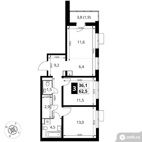 3-комнатная квартира 62,5 кв.м - ЖК "1-й Донской". Фото 1.