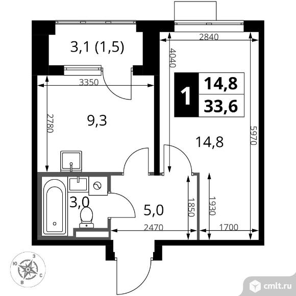 1-комнатная квартира 33,6 кв.м - ЖК "1-й Донской". Фото 1.