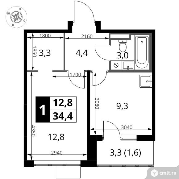 1-комнатная квартира 34,4 кв.м - ЖК "1-й Донской". Фото 1.