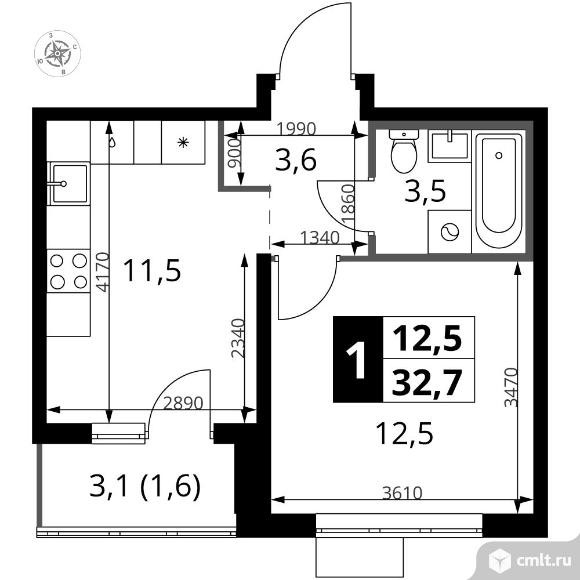 1-комнатная квартира 32,7 кв.м. Фото 1.