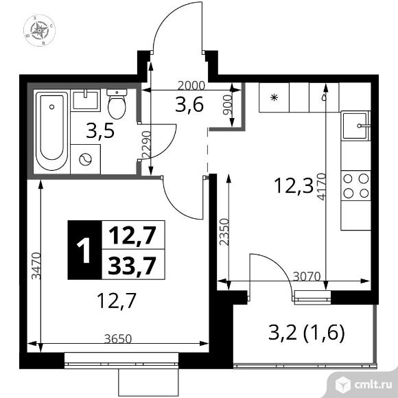 1-комнатная квартира 33,7 кв.м. Фото 1.