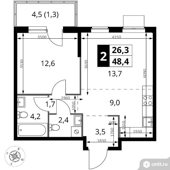 2-комнатная квартира 48,4 кв.м - ЖК "1-й Измайловский". Фото 1.