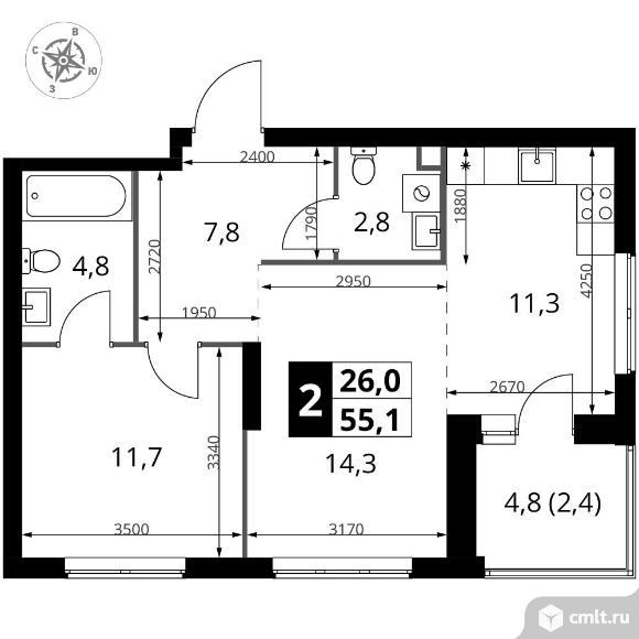2-комнатная квартира 55,1 кв.м - ЖК "1-й Измайловский". Фото 1.