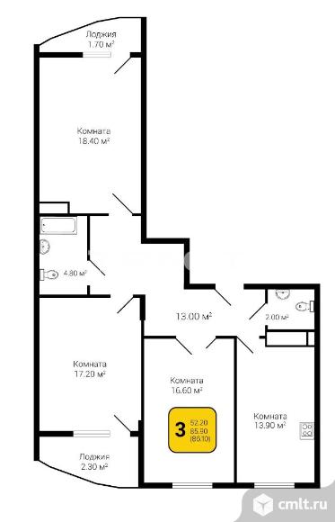 3-комнатная квартира 86,1 кв.м. Фото 3.