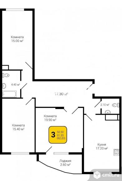 3-комнатная квартира 92,2 кв.м. Фото 1.
