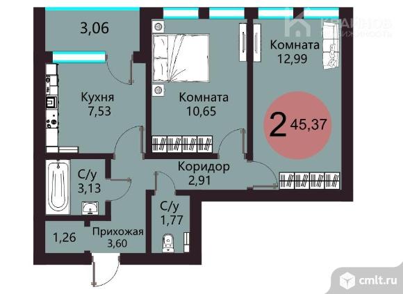 2-комнатная квартира 45,37 кв.м. Фото 1.