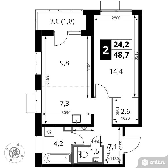 2-комнатная квартира 48,7 кв.м - ЖК "1-й Донской". Фото 1.