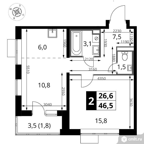2-комнатная квартира 46,5 кв.м - ЖК "1-й Донской". Фото 1.
