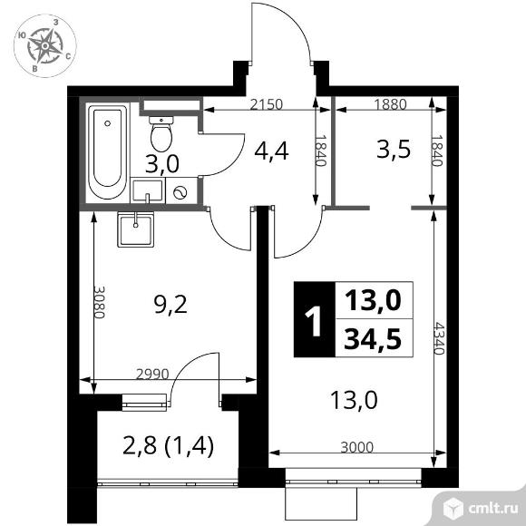 1-комнатная квартира 34,5 кв.м - ЖК "1-й Донской". Фото 1.