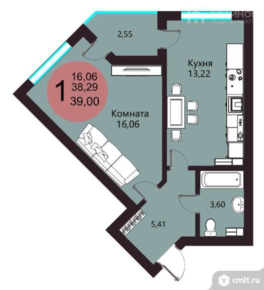 1-комнатная квартира 39,56 кв.м. Фото 1.