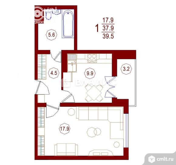 1-комнатная квартира 38 кв.м. Фото 1.