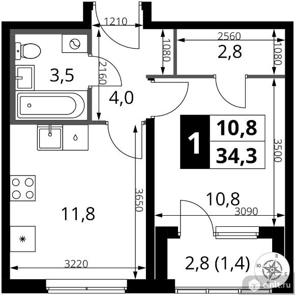 1-комнатная квартира 34,3 кв.м - ЖК "1-й Ясеневский". Фото 1.