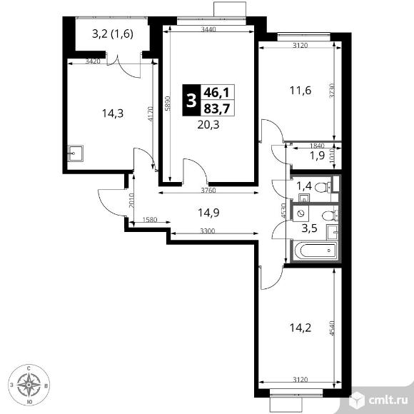 3-комнатная квартира 83,7 кв.м - ЖК "1-й Саларьевский". Фото 1.