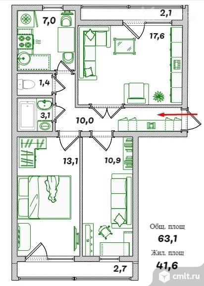3-комнатная квартира 63,1 кв.м. Фото 1.